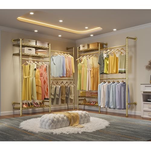 Timate F2 Industrial Pipe Clothes Rack Wall Mounted Clothing Rack for Hanging Clothes, Expandable Garment Rack Heavy Duty Wardrobe Closet Organizer and Storage, Adjustable Industrial Closet Kit, Gold - color: Gold, style: Timate F2