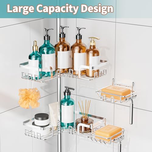 KEGII Shower Caddy Tension Pole – Corner Rustproof Bathroom Organizer with Soap Holder & Hooks, No-Drill Adjustable Shower Shelf for Renters for Families & Renters, 25-114.2 Inch, Silver - color: Silver
