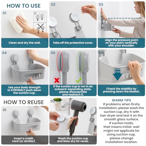 TAILI Shower Caddy Suction Cup, Heavy Duty Bathroom Organizer, Removable Shelves for Inside Shower, Shampoo, Waterproof Suction Plastic Storage for Bathroom Accessories Holder, Gray - style: 1 × Grey