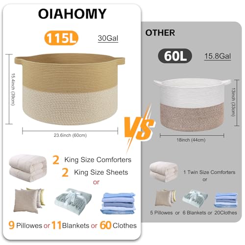 OIAHOMY 115L Extra Large Blanket Basket, 23.6" x 15.4" Woven Cotton Rope Laundry Basket for Organizing Pillows, Decorative Stuffed Animal Toy Storage Bin for Nursery, Jute and White - color: Jute and White, size: 23.6"D x 15.4"H