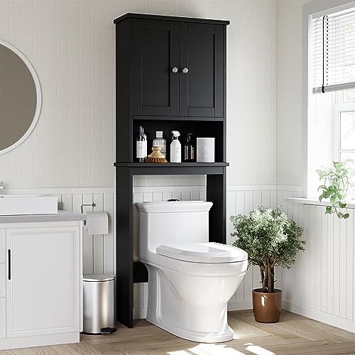Shintenchi Over the Toilet Storage Cabinet, Bathroom Shelf Organizer with Anti-Tip Device Small Freestanding Space Saver with Adjustable Shelf，Black - color: Black, size: Wood Door