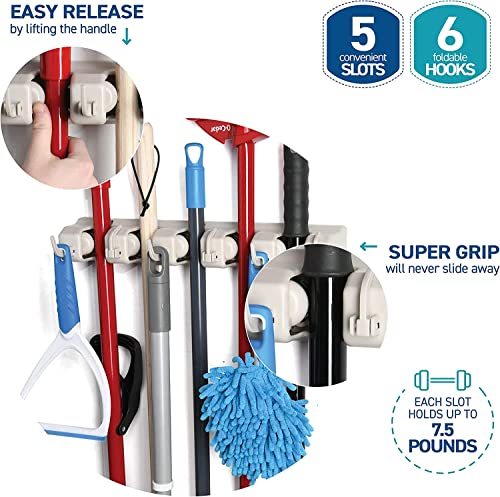 Mop and Broom Holder Wall Mount 2 Pack - Garage Storage Organizer with 5 Slots, 6 Hooks, 7.5lbs Capacity Per Slot - Home, Kitchen, Closet, Laundry Room Organization – Off-White Broom Hanger - color: Off-White, size: 2 Pack 5-position, 6-Hooks