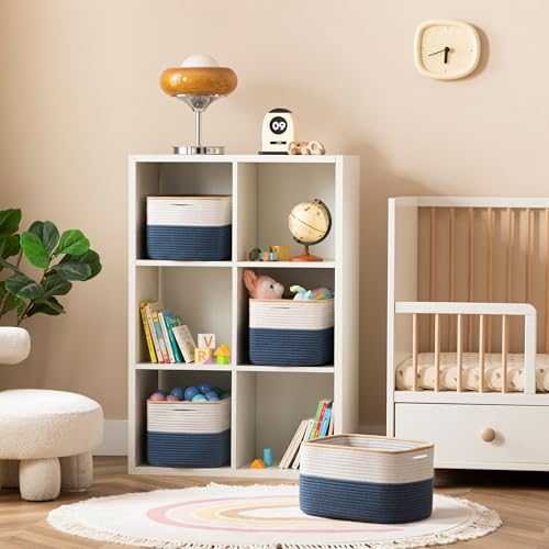 UBBCARE 4 Pack Baskets for Organizing, Woven Storage Baskets for Toys and Towel, Rectangle Cotton Rope Basket with Handles, 14''L x9''W x8''H, Navy Blue - color: White&Navy Blue, size: 4 Pack - 14 X 8 X 9 Inches