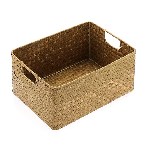 Hipiwe Seagrass Storage Basket Bin Rectangular Handwoven Wicker Storage Box with Handle Opened Baskets Box for Shelf Organizing Closet Bathroom, Caramel, Medium - color: Caramel, size: Medium,13.4"x9.4"x 6.7"