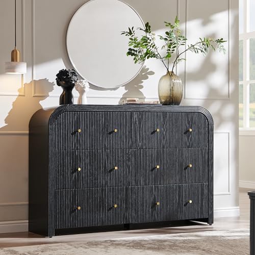 T4TREAM Fluted 6 Drawers Dresser for Bedroom, 54" Wide Modern Chest of Drawers with Thickened Curved Profile Design, Wood Dressers TV Stand for Bedroom, Living Room, Hallway, Black Oak - color: Black Oak, size: 15.75"D x 54"W x 36"H(6 Drawers)