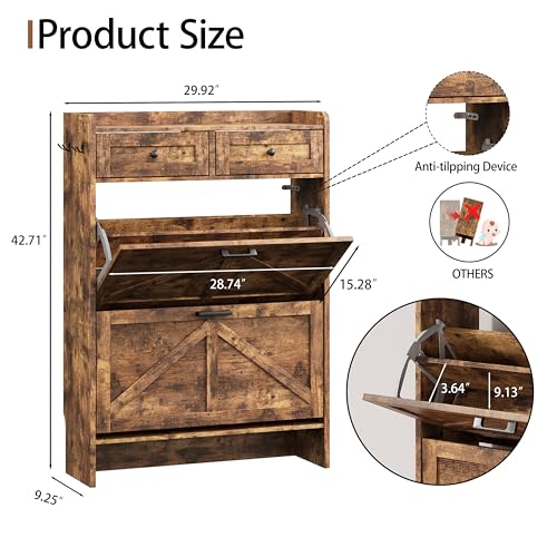 Shoe Cabinet with 2 Flip Drawers & 2 Top Drawers, 43" Tall Freestanding Narrow Wooden Shoe Storage Organizer for Entryway, Hidden Slim Shoe Rack for Front Door Entrance, Hallway, Living Room, Brown - color: Brown, size: 2 Flip Drawers