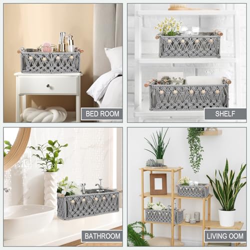 Vesici 4 Pcs Grey Macrame Storage Basket for Shelves 13 in 11 in Boho Storage Basket Hand Woven Boxes with Wood Handles Beads Decorative Countertop Toilet Tank Cabinet Organizer for Home Room Decor - color: Grey