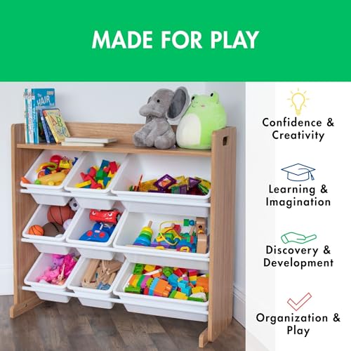 Humble Crew Toy Storage Organizer with Top Shelf and 9 Removable Bins, Natural/White – Toddler Bookshelf with Toy Organizer - Modern Toy Rack Ideal for Kids' Rooms, Playrooms, and Nurseries - color: Natural Wood/White