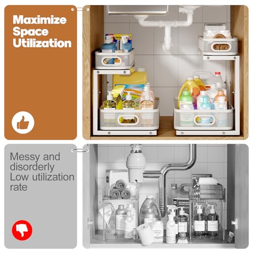 2 Pack 17.3IN-Depth Under Sink Organizer with Smooth Cylindrical Rail,2-Tier Pull Out Multi-Purpose Cabinet Storage for Bathroom&Kitchen,Height Adjustable,Rust-Resistant Coating-White - color: White, size: 2 Pack-17.3"Dx11"-16.14"H