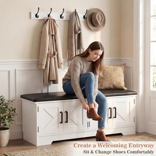 Farmhouse Shoe Storage Bench with Cushion - 43.3" Entryway Bench with Storage & 4 Barn Doors, 2-Tier Wooden Shoe Rack Bench, Hidden Shoe Cabinet & Mudroom Bench for Bedroom Hallway Living Room, White - color: White