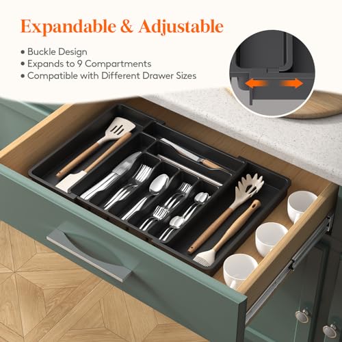 Lifewit Utensil Organizer for Kitchen Drawer, Expandable Cooking Silverware Tray, Adjustable Cutlery Flatware Holder, Plastic Spatula Tools Storage Divider, 13-22.4 x 15", Black - color: Black, size: XL (13-22.4"W × 15"D )