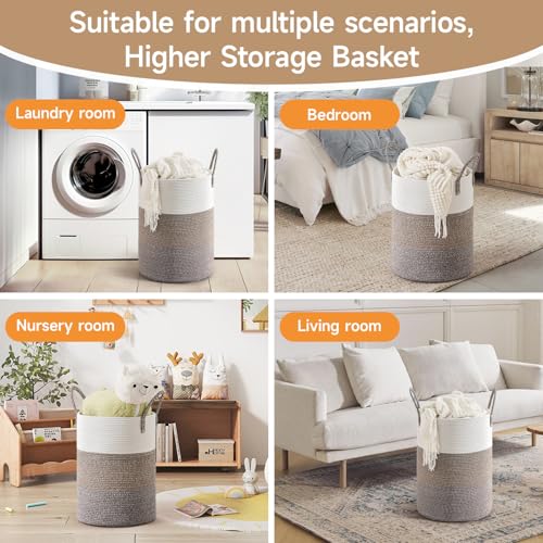 CLHMILY&Z 60L Laundry Basket Round Storage Rope Basket - 15x20.5 Inches - Laundry Hamper in Bedreoom and Mutil Storage Bin for Blankets, Toys, and Nursery Essentials - color: Brown & White, size: 60L