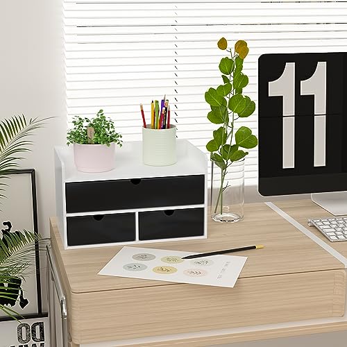 Wisuce Desk Organizer with Drawers - White-Black Bamboo Desktop Organizer Storage | Wood Desk Drawers Organizer for Bills, Office Supplies, Cosmetics, Seals No Assembled - color: White-Black, size: 13”L x 6.6”W x7.87”H