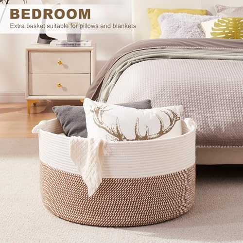 OIASKET Large Blanket Storage Basket for Living Room, 22.8" x 22.8" x 13" Woven Cotton Rope Basket with Handles, Baby Toy Storage, Laundry Hamper for Clothes, Pillows, Towels-Yellow and White - color: Yellow & White, size: 90L