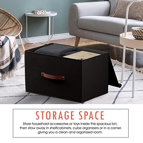 Ornavo Home 3 Pack Collapsible Storage Bins with Lid, Foldable Linen Fabric Shelf Storage Basket Closet Organizer and Large Storage Box for Clothes with Leather Handles, 16.5 x 11.8 x 7.5, Black - color: Black, size: XLarge - 3 Pack
