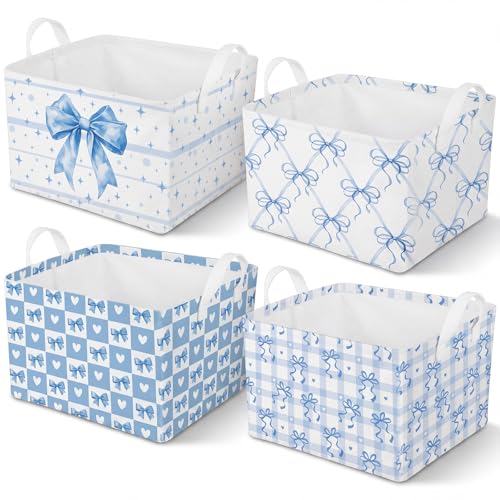 4pcs 4 Pcs Blue Bow Storage Basket for Gifts Collapsible Girls Coqutte Blue Storage Bins with Handle Cute Preppy Foldable Laundry Organizer for Home Bathroom Bedrooms Baby Clothes Toys Books - style: Blue Bow