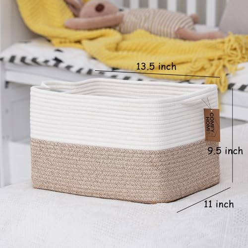 COMFY-HOMI Cotton Rope Woven Basket with Handles for Shelves,Toys,Book, Cloth Storage Baskets for Organizing-13.5" x 11" x 9.5" Toy Decorative Organizer for Living Room, Bathroom （White/Brown） - color: White/Brown, size: 13.5"X11"X9.5"