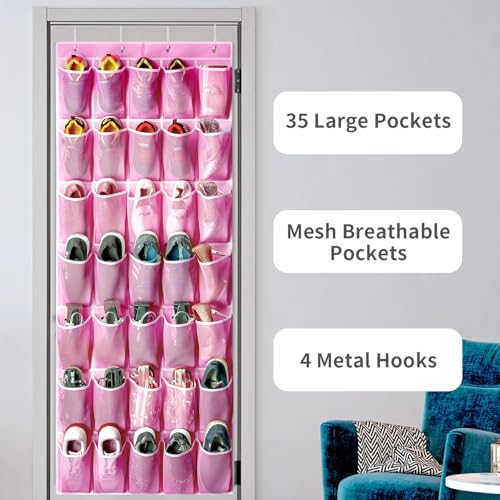 SAVERHO 35 Pockets Over the Door Shoe Organizer, Hanging Shoe Organizer for Door with 35 Mesh Pockets Large Capacity Shoe Hanging Storage Bag with 4 Metal Hooks (Pink-1Pack) - color: Pink-1pack of 35 pocket