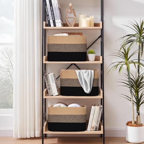 Baskets for Organizing,Storage Baskets,3 Pack Baskets for Shelfves,15"×10"×9" Woven Basket,toy storage bins,bins for organization - color: Black&Brown