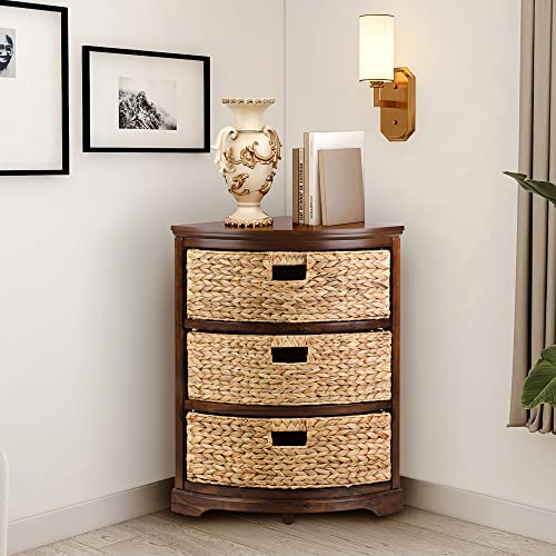 eHemco Hampton Meadows 3 Tier X-Side Corner Table Storage Cabinet with 3 Wicker Baskets, Walnut - color: Walnut, size: 14"D x 14"W x 25.5"H (3 Drawers)