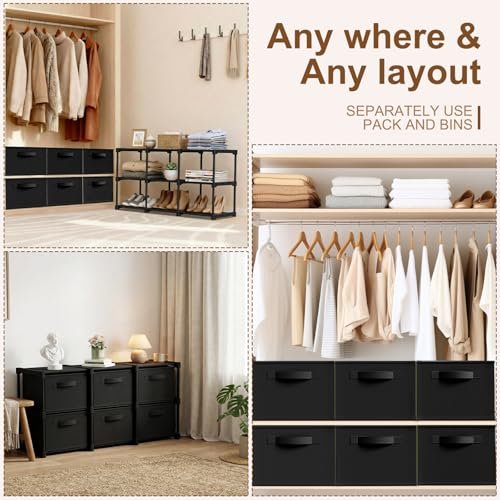 Thyle Large Cube Storage Organizer Shelf with 6 Bins 14 Inch Fabric Collapsible Cubby Storage Drawers Shelving Unit for Christmas Ornaments Clothes Toys Craft(Black,Minimalist) - color: Black, style: Minimalist