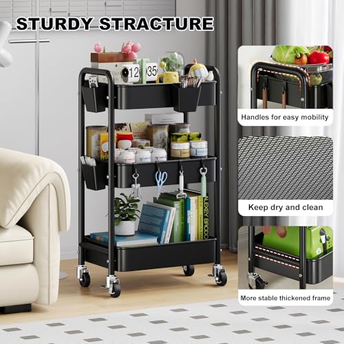 3 Tier Rolling Cart Metal with Wheels, Black Three Tiered Art Cart Organizer on Wheels, Storage Utility Trolley Carts for Kithcen, Craft, Nail, Lash, Makeup, Salon,Bedside, Bathroom, Office, Snack - color: Matte Black, size: 3-Tier + Cups + Hooks