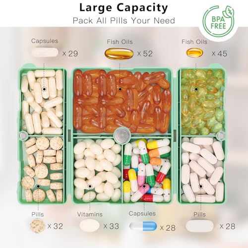 FYY 2 Pcs Daily Pill Organizer, 7 Compartments Portable Pill Case Travel Pill Organizer,[Folding Design] Pill Box for Purse Pocket to Hold Vitamins,Cod Liver Oil,Supplements and Medication-Green - color: Green, size: Large (1 Piece), Small (1 Piece)