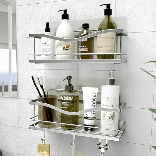 KINCMAX Premium Shower Caddy, Self Adhesive Wall Shower Organizer, 2-Pack No Drill Bathroom Shelves, Rustproof Stainless Steel Shampoo Holder, Storage Rack, Silver - color: Polished Silver, size: 2-Pack Caddies