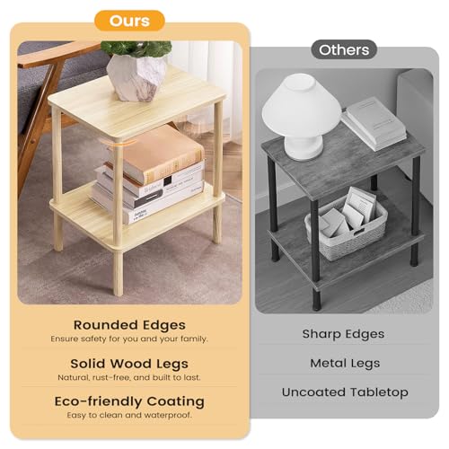 Apicizon 2 Tier End Table Set of 2, Small Side Table with Solid Wood Legs, Boho Bedside Table with Storage Shelf, Nightstand for Small Spaces, Bedroom, Living Room, Entryway, Light Natural - color: Light Natural, size: 2 Set, style: 2 Tier