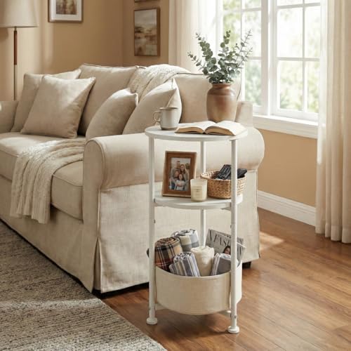 Small Round Side Table with Storage Basket, 3-Tier Narrow End Table Nightstand for Living Room Bedroom, 11.8" Diameter Modern Bedside Table for Small Spaces, Wood Grain & Metal Frame (White) - color: White