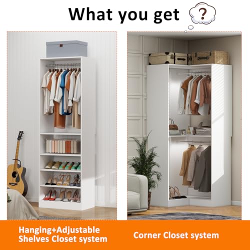 Closet System with 2 Sets, 55" Closet Organizer System with 5 Hanging Rods& Adjustable Shelves,Walk in Closet Corner Free Standing Closet System, Modular Closet System, White