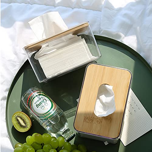 Clear Tissue Holder, Acrylic Dryer Sheet Dispenser Box with Bamboo Lid, Transparent Container, Minimalist Design. Tissue Organizer for Laundry, Living Room, Bathroom, Bedroom, Medium Size