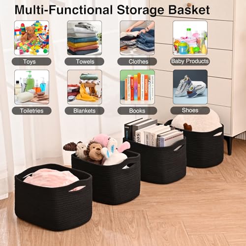 ICERZCZ Black Storage Baskets for Shelves, Small Storage Baskets for Organizing, Woven Cotton Rope Baskets for Storage, Book Basket, Decorative Shelf Basket, 12.5"Lx9.1''Wx7.9''H (4 Packs) Black - color: Black, size: 12.5"(l)×9.1"(w)×7.9"(h)