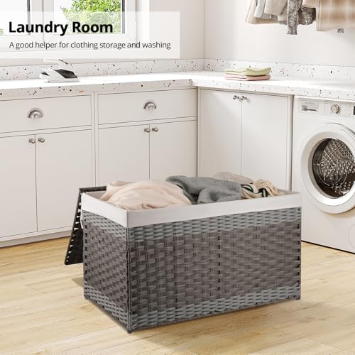 OIAHOMY Storage Basket with Lid, 42.3 Gallon (160L) Blanket Basket with Removable Liner Bag, Synthetic Wicker Hamper with Handle, Foldable, Hamper for Living Room, Grey - color: Gradient Grey, size: 160L
