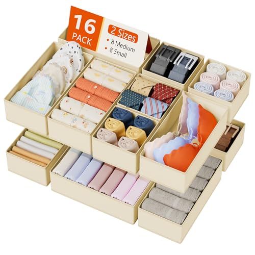 DIMJ Drawer Organizer Clothes Storage - 16 Pack Baby Dresser Organizer for Nursery, Foldable Drawer Dividers for Bedroom Closet Organization, Fabric Storage Bins for Socks, Underwears, Bras - color: Beige