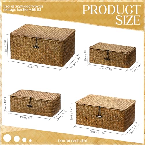 Woanger Set of 4 Wicker Storage Baskets Organizer，Handwoven Storage Bins with Lid for Organizing, Home Utility Box for Home Office Supplies Multipurpose Container(Retro Color) - color: Retro Color