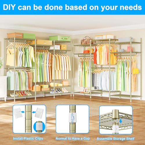 Ulif E13 Heavy Duty Clothes Rack（With 4 Hanger Rods & 8 Shelves） Freestanding Clothing Racks for Hanging Clothes，Adjustable Closet Organizer，Metal Garment Rack 63" W x16 D x77 H，Max Load 900LBS，Gold - color: Gold, size: E13