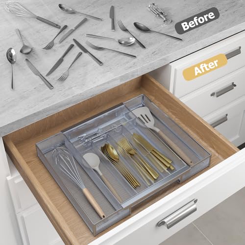 Sedegn Silverware Organizer Metal Mesh, Drawer Organizer, Utensil Cutlery Tray Expandable Flatware Organizer with 7 Compartment Silver 9.6"~16.1" x 13.8" - color: Silver, size: Expandable 9.6"~16.1" x 13.8"
