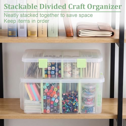BTSKY Clear Plastic Dividing Storage Box with 4 Deep Compartments Adjustable Storage Bin with Lid Portable Craft Container Multipurpose Sewing Box Art Supply Organizer, 13.9x7.9x6.2 Inches, Green - size: 13.9x7.9x6.2 Inches-Green