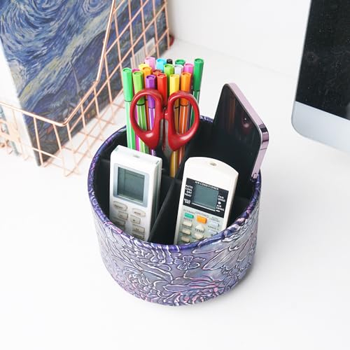 Round Leather Art Supply Organizer,Remote Control Holder,360 Degree Spinning,Multi-Functional Pencil Holder,4 Compartments Desktop Stationary Organizer(1-Rich Flower Purple) - color: 1-Rich Flower Purple