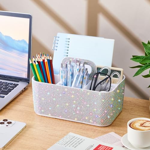 Marspark Bling Makeup Caddy Organizer with Handle, Sparkly Art Craft Holder, Glitter Bathroom Hair Caddy, Shimmer Pen Pencil Holder for Women Desk Organizer, Bling Gifts for Women(White,AB Diamond) - color: White, style: AB Diamond
