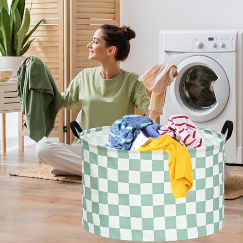 MAIZMZ Sage Checkered Storage Basket Extra Large 80L Kids Hamper Baby Laundry Basket Waterproof Toys Car Organizer Collapsible Canvas for Home/Dorm/Pet/Office/Closet/Shelf/Gift Baskets - color: Green