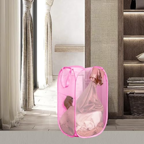 Portable Mesh Pop Up Laundry Hamper Pink Vertical Collapsible Laundry Basket With Strong Handles for Easy Storage, Suitable for Bedroom, College Dorms, Travel, RV - color: Pink
