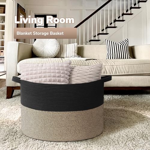 Goodpick 115L Extra Large Blanket Basket, 23.5"x23.5"x15.8" Woven Rope Basket for Storage, Kids Toy Storage for Nusery Room - color: Black & Mix Jute, size: 23.5x23.5x15.8 Inch (Pack of 1)