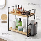 LEMIKKLE 2-Tier Wood Bathroom Counter Organizer with Basket,Waterproof Vanity Perfume Skincare Storage for Bathroom, Kitchen, Dresser - color: Light Brown