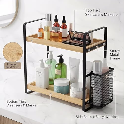 LEMIKKLE 2-Tier Wood Bathroom Counter Organizer with Basket,Waterproof Vanity Perfume Skincare Storage for Bathroom, Kitchen, Dresser - color: Light Brown