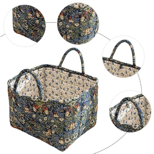 Boho Fabric Storage Basket, Boho Floral Laundry Baskets, Folding Bohemian Style Puffer Quilted Tote, Spring Vintage Storage Bag Organizer Large Capacity with Handle & Front Pocket (Blue) - color: Blue