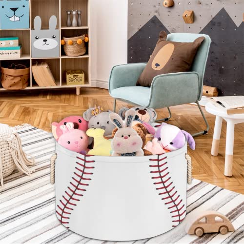 Baseball Large Round Storage Basket Sport Baseball Collapsible Circle Storage Bin Laundry Hamper With Handle for Kids Toy Blanket Dirty Clothes Towel Living Room Nursery Storage Organizer Decor - color: A01： Wite Baseball