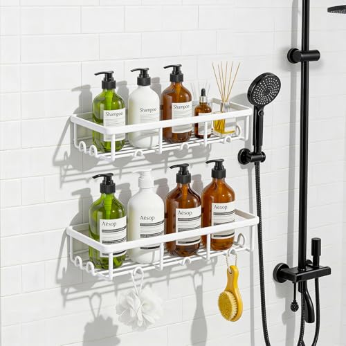 White Shower Caddy Organizer, 2 Pack Adhesive Shampoo Holder Basket Shelves for Storage and Organization, Wall Suction Bath Bathtub Rack Set for RV Camper, Bathroom Restroom Decor and Accessories - color: White, size: Large 2 Pack