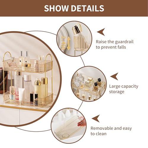 YCIA&DONE Bathroom Organizer Countertop, Makeup Storage, Skincare Cosmetic Tray Shelf, Perfume Holder Rack for Vanity Counter, Large Capacity, Easy to Install, Clean, 2 Tiers, Amber Gold - color: Amber Gold, size: 2-Tier